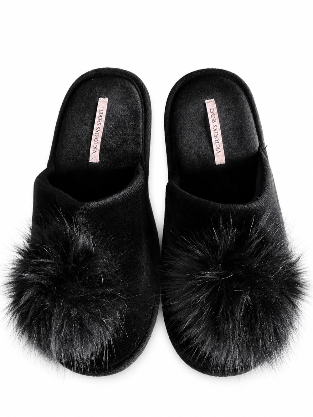 VICTORIA’S SECRET Black Velvet Faux Fur Pom Pom Slippers Size M Women’s Shoe 7-8